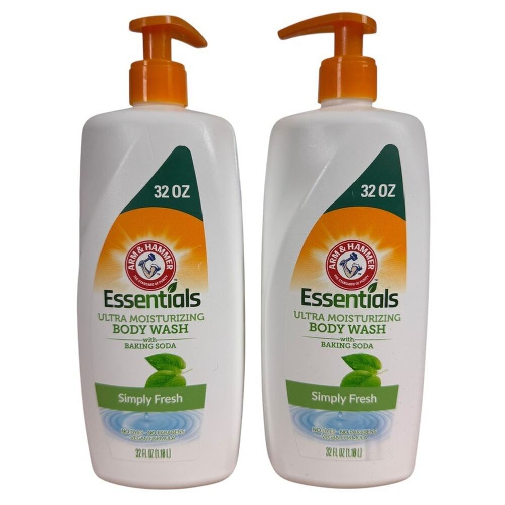 2x 32 oz Arm & Hammer Essentials Body Wash Simply Fresh Baking Soda Moisturizing